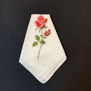 Vtg White Hankie Pocket Scarf Embroidered Pink Roses Lady Heritage Switzerland